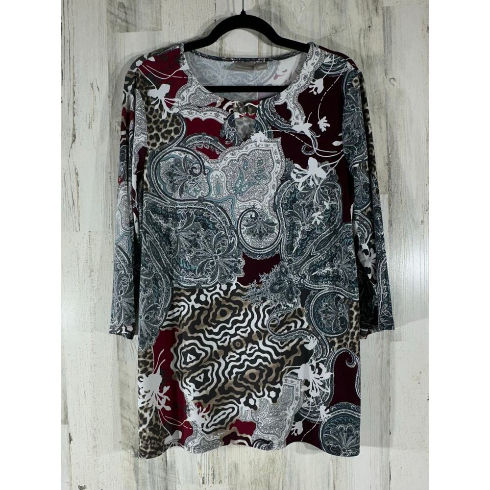 Chicos Blouse Size 2 or Large Filagree Paisley Animal Print Keyhole 3/4 Sleeve